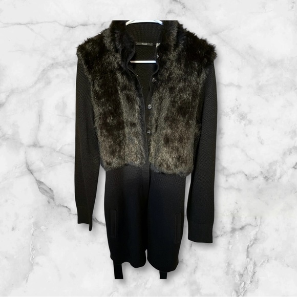T Tahari faux fur belted cardigan black wool blend large